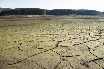 The drought bottom of the an empty dam in Bulgaria. Hot weather and climate changes makes the dam almost empty in 2021. Climate disaster.