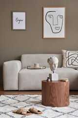 Stylish interior with design neutral modular sofa, mock up poster frames, coffee tables, wooden...