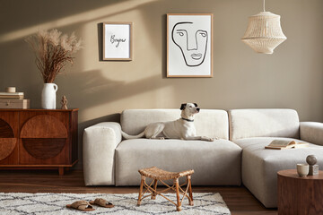 Stylish interior of living room with design modular sofa, furniture, coffee table,  decoration,...