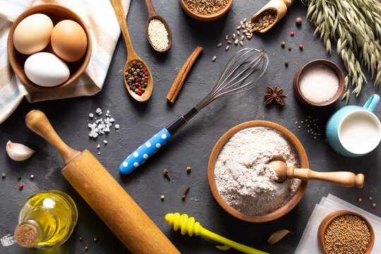 Bakery ingredients for homemade bread baking on table