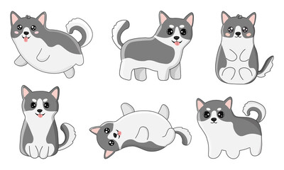 Set of husky in cartoon  style. Collection of dog characters, flat illustration for design, decor, print, stickers, posters. Vector illustration isolated on a white background.