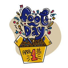 April 1st. Fools day vector composition. Funny hand drawn letters with drawn elements from the box. Concept for greeting card, promotion, leaflet, flyer, article. Yellow and violet
