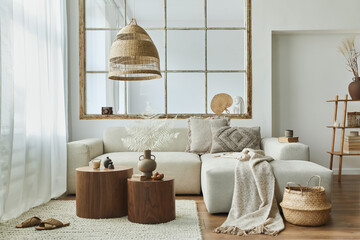Stylish interior of living room with design modular sofa, furniture, wooden coffee table, rattan...