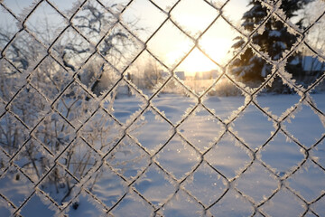 metal fence made of mesh, braided wire. covered with frost, snow.