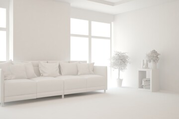 Minimalist living room in white color with sofa and summer landscape in window. Scandinavian interior design. 3D illustration