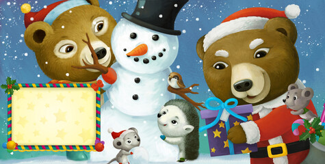 cartoon happy christmas scene with frame with animals and snowman