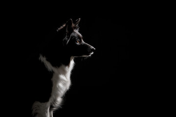 Border collie dog on black background