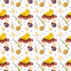 Happy Easter background. Seamless pattern. A small yellow chick in a nest decorated with cute flowers. Colored eggs, branches. Vector illustration isolated on a white background.