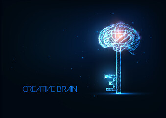 Futuristic creative brain, innovatiove idea concept with glowing low polygonal brain with a key