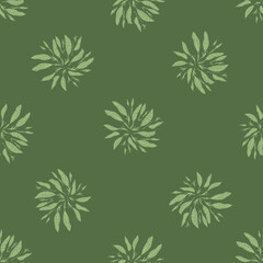 Hand drawn seamless forest pattern with leaves bouquet print. Green olive background. Simple design.