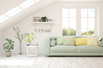 White living room with sofa and summer landscape in window. Scandinavian interior design. 3D illustration