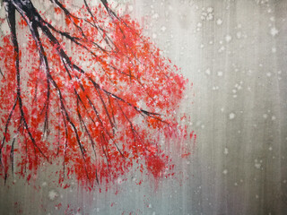 watercolor landscape red tree stand alone and leaf falling to the wind in season. traditional oriental ink asia art style	