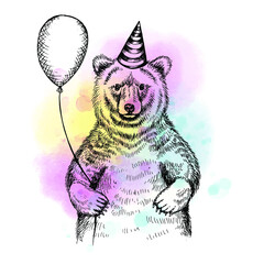 happy birthday greeting card with bear and balloon - 409006500