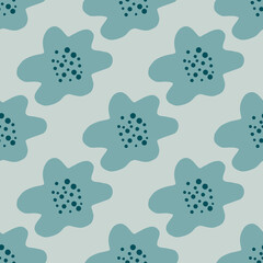 Spring doodle hand drawn flower print seamless pattern. Blue palette artwork. Bloom garden backdrop.