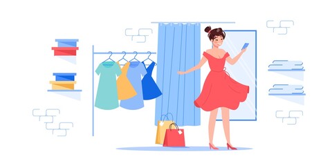 Vector cartoon flat woman character trying new dress outfit.Happy girl customer at fashion shop fitting room wear beautiful trendy dress,takes a selfie-clothing store,web site banner ad concept