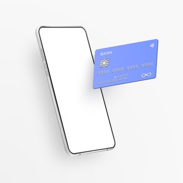 White realistic smartphone and plastic credit card. 3d mobile phone with blank white screen and bank card with chip. Template card for finance and cell phone on light background