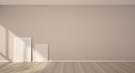 3d rendering of interior. Beige wall, light wood floor with blank picture frames placed on the floor and sunlight shining in the room.