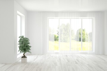 Stylish empty room in white color with summer landscape in window. Scandinavian interior design. 3D illustration