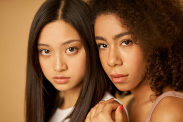 Face closeup of two beautiful mixed race young women with perfect skin looking at camera while posing isolated over beige background