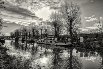 Grand Union canal bridge and trees in black and white 
