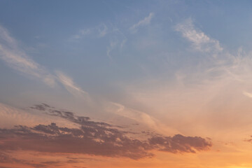 Sunrise, sunset blue orange sky in sunlight with cirrus clouds background texture