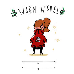 cute Christmas greeting card. Postcard and print with girl in red sweater. Vector illustration