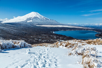 Fototapeta premium 新雪の山中湖村明神山から雪化粧の富士山