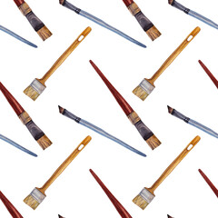Seamless pattern watercolor repairs tool paint brush on white background. Artist creative hand-drawn object for make-up, sticker, card, sketchbook, coloring book, wrapping