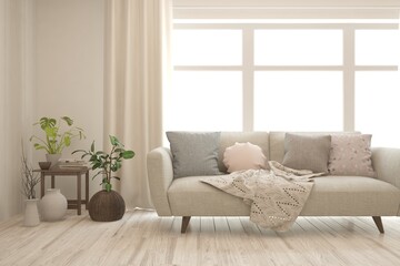 White living room with sofa. Scandinavian interior design. 3D illustration