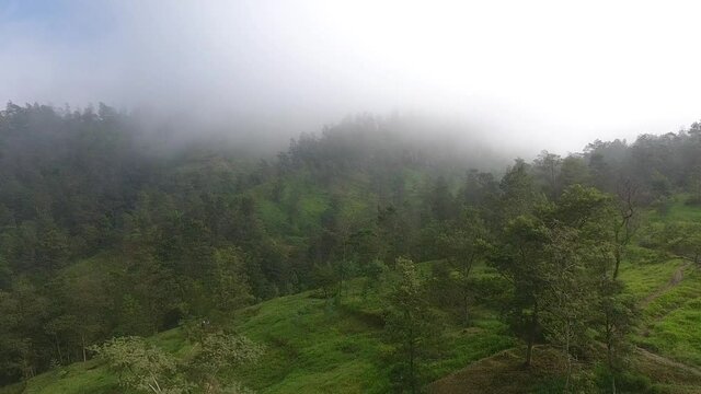 aerial drone shoot morning in the mountains merapi volcano yogyakarta