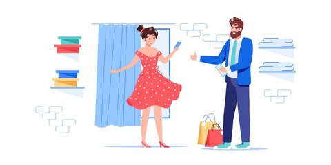 Vector cartoon flat characters trying new dress outfit.Happy girl at fashion shop fitting room posing in fashionable dress in front of boyfriend,husband-clothing store,web site banner ad concept