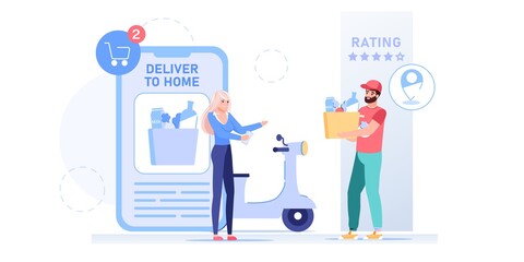 Vector cartoon flat characters receive online orders buys.Food delivery service-scooter courier gives purchase,home order grocery goods to happy customer-online shop,web site banner ad concept