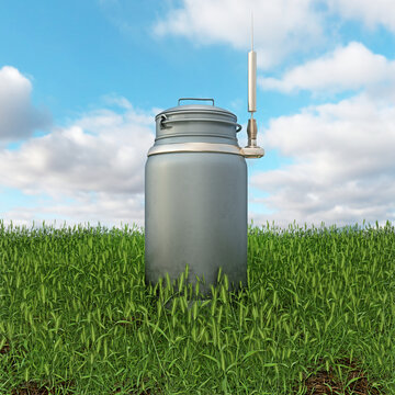 Milchkanne mit einer Antenne steht auf einer Wiese, Feld - Digitale Technologie in der Landwirtschaft - 3D Illustration