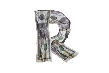 Font, letter R made of crumpled money, dollars