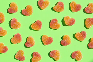 Jelly heart shaped candies, sweets, creative background