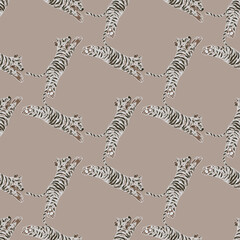 Cartoon seamless pattern with grey simple tiger silhouettes ornament. Jumping wild cats on pale background.