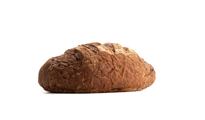 Whole loaf of rye bread isolated on white background.