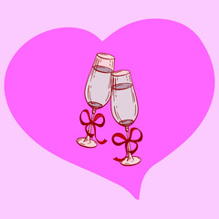 Two glasses, bows and a pink heart. A symbol of love, romance. Illustration for valentine's day, wedding, birthday, anniversary. Invitation card.