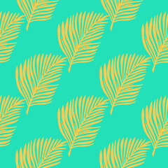 Fototapeta na wymiar Bright creative seamless pattern with hand drawn yellow fern leaf silhouettes. Blue background.