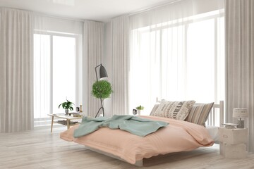 White bedroom interior. Scandinavian design. 3D illustration