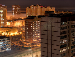 Beautiful night landscape with fog in Zelenograd sleeping area of Moscow, Russia