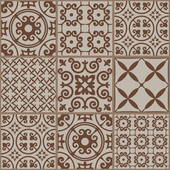 Seamless patchwork tile in brown and beige. Floral texture for wallpaper, floor surface, pattern fills. Vintage Illustration background.