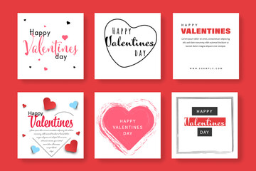 Square banners for social media, love design templates with white background and red elements, happy valentines day
