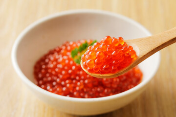 いくらの醤油漬けをスプーンで持ち上げる　Japanese soy sauce with the salmon roe