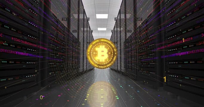 Bitcoin Cryptocurrency Mining Process. High Tech Servers. Gold Digital Coin. Technology And Business Related 3D Animation.