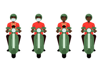 Young African-American man riding a scooter on a white background, front view. Man in helmet with dog and medical mask on scooter. Vector flat illustration.