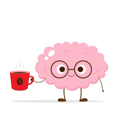 Human brain character with coffee cup in hand