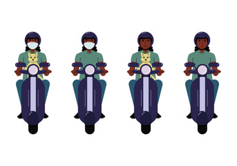 African-American woman riding a scooter on a white background, front view. Woman in helmet with cat and medical mask on scooter. Vector flat illustration.