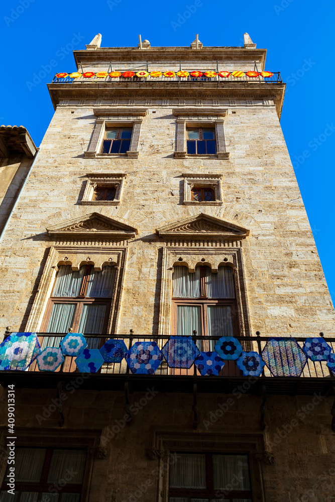 Wall mural spanish residential house with traditional decoration . embroidered decorations on balconies