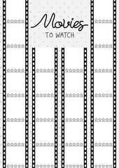 Printable A4 paper sheet with cine-film on polka dot background. Minimalist planner of watching movies and series for journal page, daily planner template, blank for notebook.